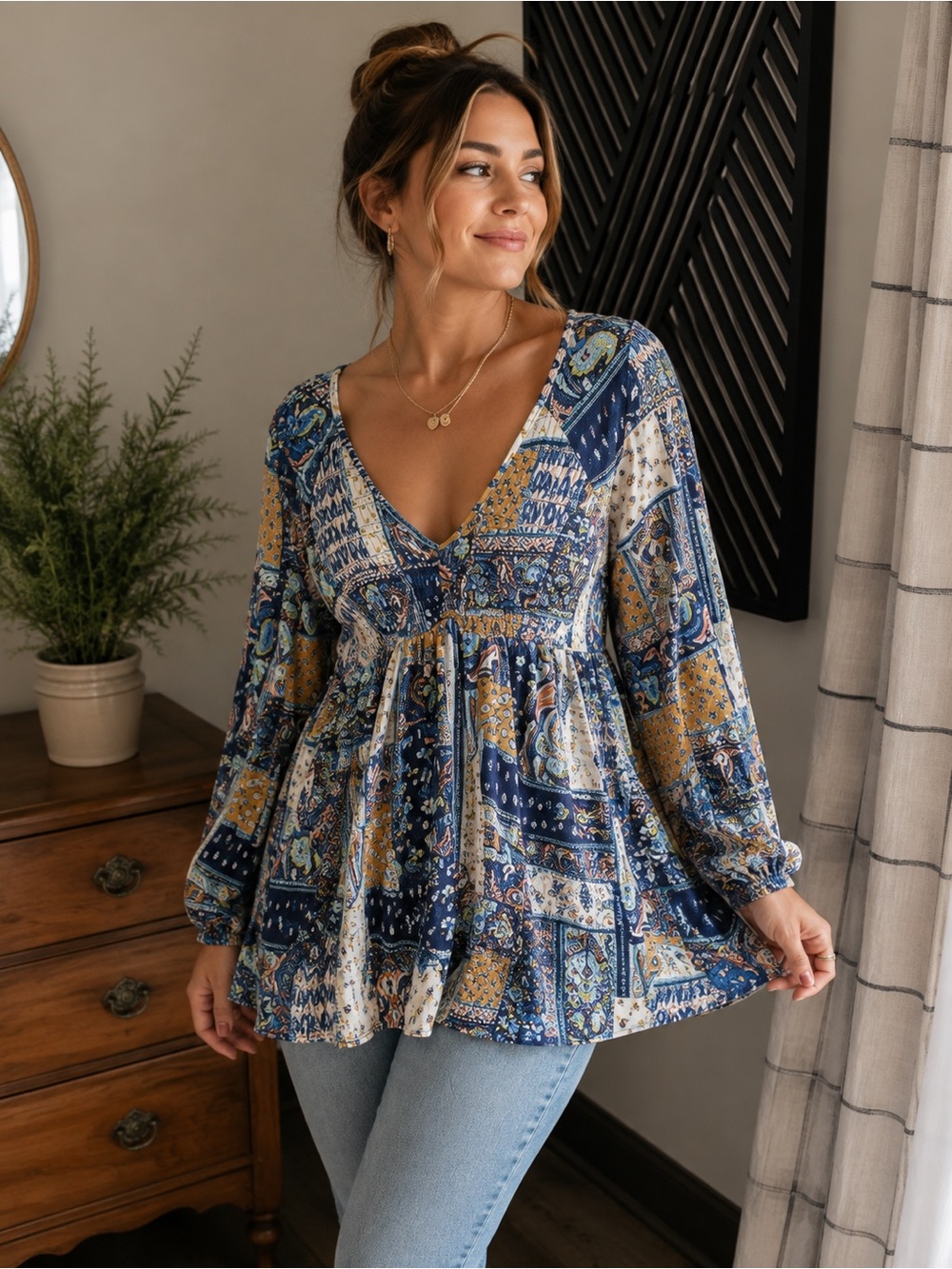 Melloday Patterned Tunic Top NWOT Size Large